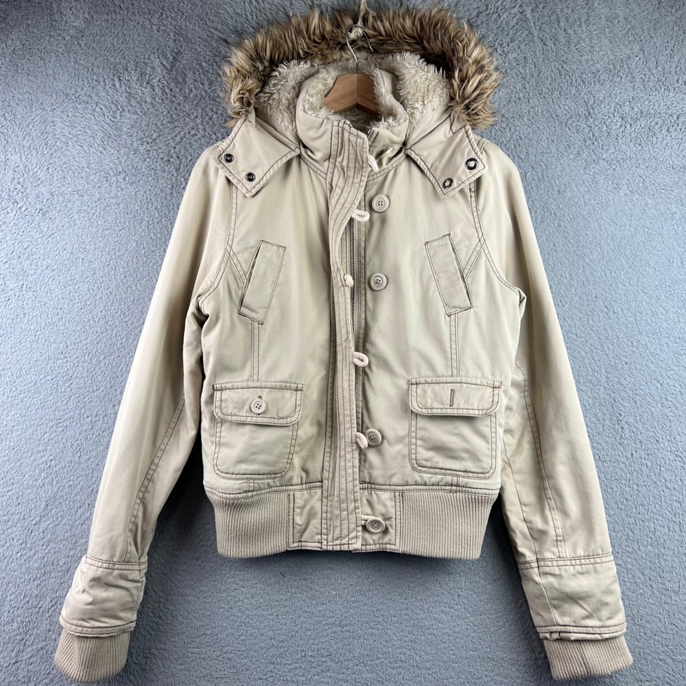Arizona Jean Co Women Beige Hooded Bomber Jacket Faux Fur Sherpa Lined Tan S
